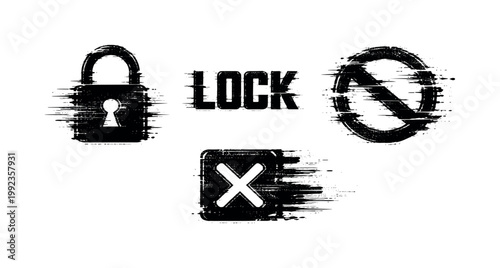Digital restriction and locked state theme, a set of 3 glitch-distorted monochrome objects placed on a perfectly clean white background, each object exhibiting its own