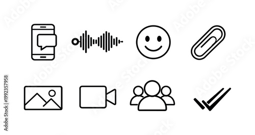 Instant messaging features: smartphone chat, voice message waveform, emoji smile, attachment clip, photo message, video call icon, group chat, read receipt checkmarks.