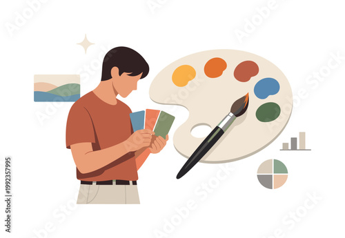 Artistic exploration and visual experimentation theme where an individual tests and combines different hues to achieve the desired mood and composition in creative work,