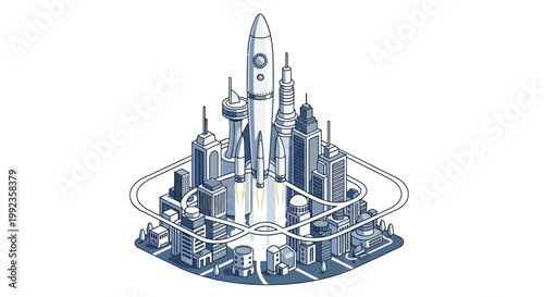 Isometric illustration of a city with rocket ship and tall buildings
