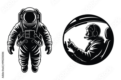 Astronaut and spacecraft pilot illustrations with astronaut spaceship universe