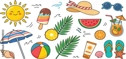 Cute summer vacation sticker set with smiling sun cartoon beach umbrella popsicle hat sunglasses watermelon cocktail pineapple leaves sunscreen flip flops and starfish vector illustration