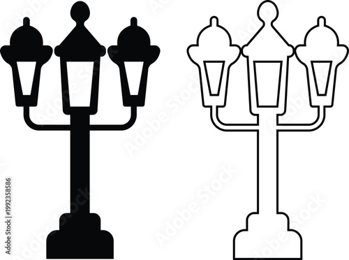 Street lamp lantern light icon set collection group in black flat and line style, vintage streetlight lamppost lighting symbol bundle, urban outdoor illumination graphic pack, classic city light desig