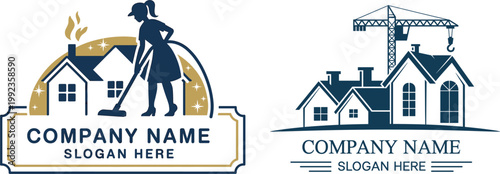 Cleaning service and construction company logo set with house and professional branding