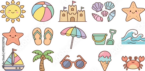 Cute summer beach vacation set featuring sandcastle sun beach ball starfish crab sailboat palm tree sunglasses umbrella ice cream bucket and seashells vector illustration
