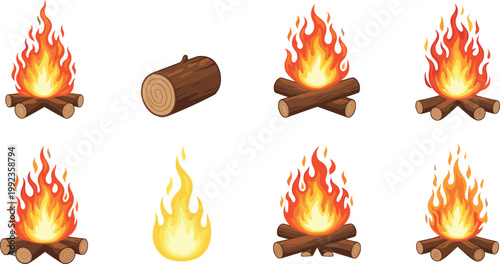 Cartoon campfire and bonfire flame set with burning wooden logs in red, orange, and yellow fire on white background