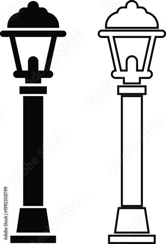 Street lamp lantern light icon set collection group in black flat and line style, vintage streetlight lamppost lighting symbol bundle, urban outdoor illumination graphic pack, classic city light desig