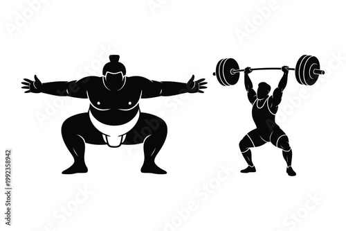 Sumo wrestler and weightlifter silhouettes representing strength and sports