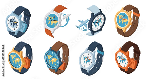 Isometric watches with world map and airplane travel concept illustrations