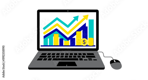 Laptop displaying financial charts and data on a white background