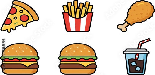 Fast food vector illustration set featuring pepperoni pizza slice French fries crispy fried chicken leg cheeseburgers and cold soda with ice and straw icons