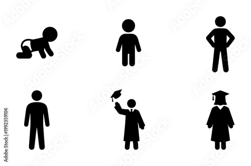 Human life cycle icons set, black silhouette people growing from baby to graduate, male and female aging process symbols, 6 vector elements