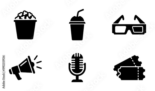 Cinema and movie theater icon set, black solid vector symbols of popcorn and soda, 3D glasses and film tickets for entertainment industry