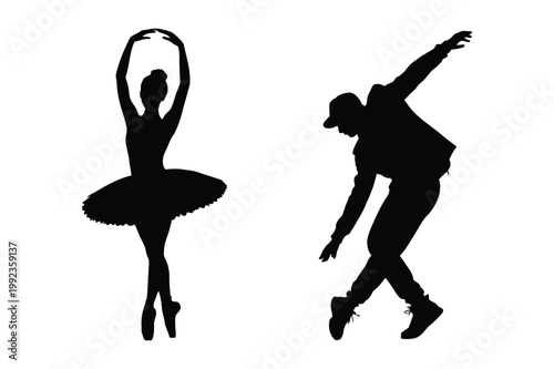 Ballerina and hip hop dancer silhouettes contrasting dance styles with ballerina
