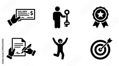 Business success and employment icons set, professional career achievement symbols, salary payment and contract signing vector graphics