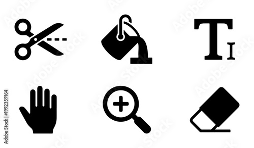 Minimalist graphic design icons set, black vector editing tools collection, flat ui symbols for creative software and digital art applications
