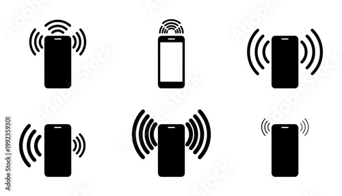 Smartphone vibration icon set, mobile phone ringing and wireless signal symbols, 6 black vector phone notification elements for app UI design