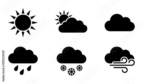 Minimalist weather icon set with 6 black vector symbols, meteorology forecast elements for sun, clouds, rain, snow and wind, clean UI design assets