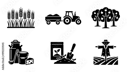 Agriculture and farming icon set, black solid vector symbols of tractor, wheat stalks, apple orchard, dairy products and scarecrow for rural industry