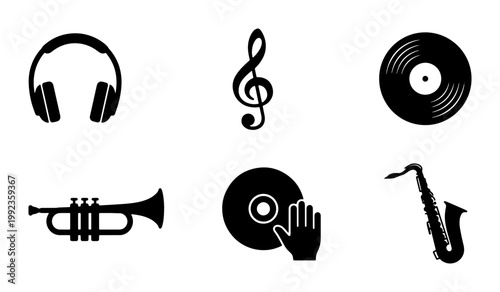 Minimalist music icons set, black silhouette musical instruments and audio equipment symbols, 6 vector elements for jazz and dj branding