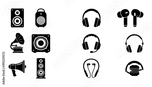 Modern audio equipment icon set, black flat vector symbols of headphones and speakers, 12 professional sound technology elements for music apps