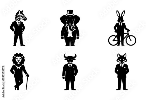 Anthropomorphic animal characters in business suits, set of 6 black and white vector icons, professional wild animals in formal attire