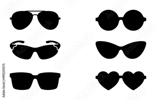 Retro sunglasses silhouette collection, set of 6 black eyewear icons, vintage aviator and cat-eye glasses shapes, fashion accessory vector elements