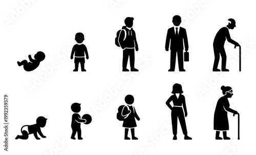Human life cycle silhouettes, male and female aging process icons, set of 10 people figures from baby to elderly, growth stages vector illustration
