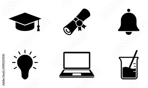 Education icon set with 6 black vector symbols, academic graduation cap and diploma scroll, school bell and laptop for online learning