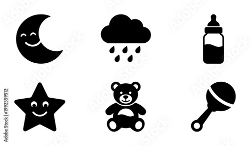 Minimalist baby nursery icons set, black silhouette infant toy symbols, collection of 6 vector elements for newborn care and childhood branding