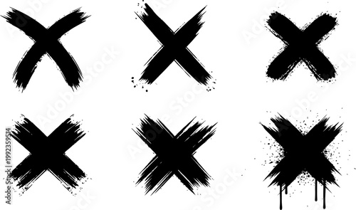Set of artistic grunge cross marks with ink drips and textures isolated on white background for urban graphic design