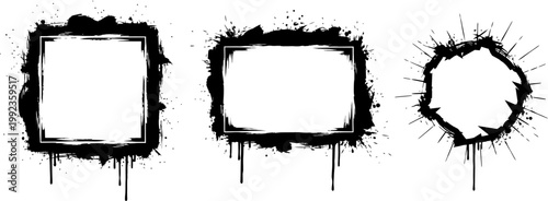 Collection of grunge frames with ink splatters and paint drips isolated on white background for creative layouts