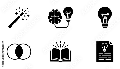 Creative thinking and innovation icon set, 6 black solid vector symbols, brain and lightbulb brainstorming concepts for business and education
