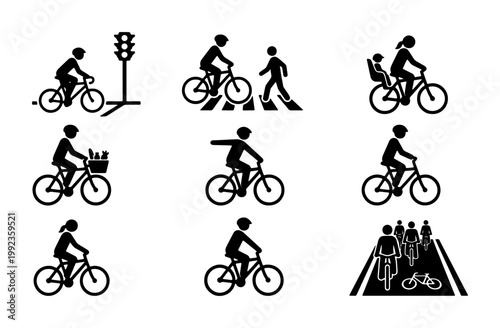 Bicycle commuter silhouette icons, set of 9 cycling pictograms for urban transport, black bike rider symbols for city traffic and road safety