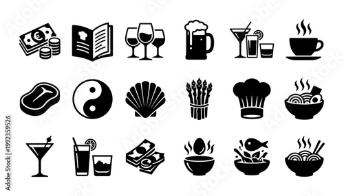 Schilderij op canvas Restaurant and dining icon set, black solid food and beverage symbols, 18 vector