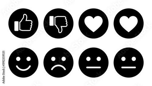Minimalist social media reaction icons, set of 8 black circular emoji buttons, flat vector feedback symbols for customer satisfaction and user interface design