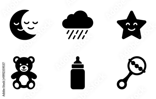 Baby nursery icon set, black solid vector symbols for newborn care, cute moon and star bedtime graphics, 6 infant toy and weather elements