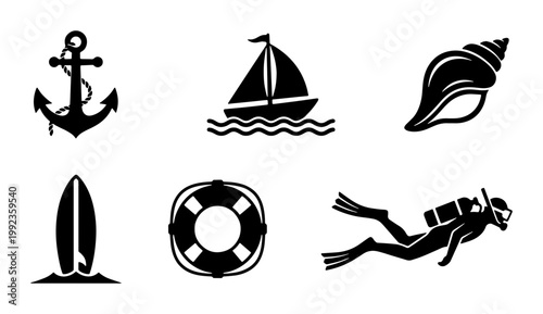 Nautical black icons set, 6 marine vector elements including anchor and sailboat, ocean travel and scuba diving symbols for summer vacation branding