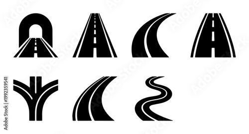 Road and highway icon set, black asphalt street symbols with tunnel and winding paths, 7 vector transportation elements for maps and navigation infographics