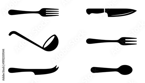 Kitchen cutlery silhouette icons set, black silverware and cooking utensils vector, minimalist restaurant dining equipment for menu design