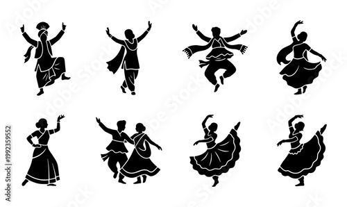 Indian folk dance silhouette icons, traditional dancers in ethnic costumes, set of 8 black vector figures performing bhangra and garba