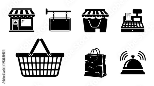 Retail shopping icon set with 7 black vector elements, commercial store front and cash register symbols, grocery basket and paper bag illustrations