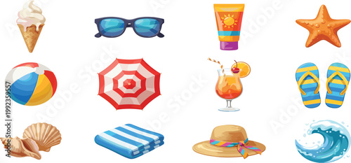Summer beach vacation accessories set with ice cream sunglasses sunscreen starfish beach ball umbrella tropical cocktail flip flops seashells towel hat and ocean wave vector illustration