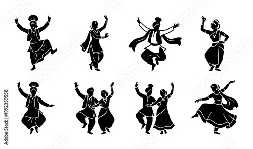 Traditional Indian folk dance silhouettes, Bhangra and Gidda dancers in ethnic attire, set of 8 black vector icons for cultural festival design