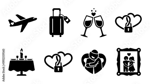 Honeymoon and wedding travel icons set, romantic vacation black silhouettes, 8 vector elements for marriage celebration and love trip planning