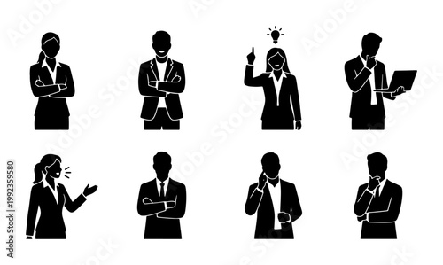 Professional business people silhouettes, set of 8 corporate office worker icons, diverse male and female entrepreneurs in suits, black vector avatars