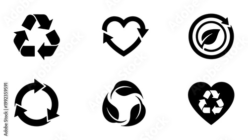 Recycling icon set with eco-friendly symbols, black silhouette recycle arrows and leaf elements, sustainable environment vector graphics for packaging
