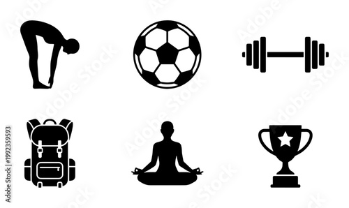 Minimalist sports and fitness icons set, black solid vector symbols for gym and wellness, 6 flat lifestyle elements for web and app design
