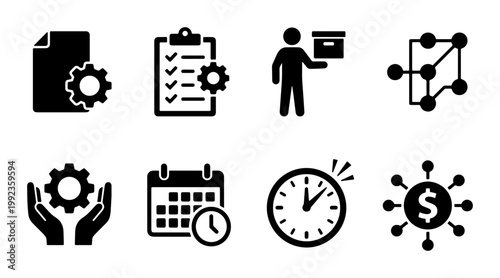 Business management icons set, project workflow and logistics symbols, supply chain and financial planning vector elements for corporate presentation