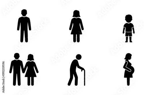 Minimalist people silhouette icons, black human figure pictograms, family and life cycle vector set, demographic symbols for wayfinding and infographics